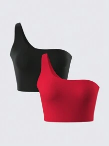 SHEIN BASICS 2 piezas Top corto ajustado de un solo hombro de punto de unicolor informal para mujer
