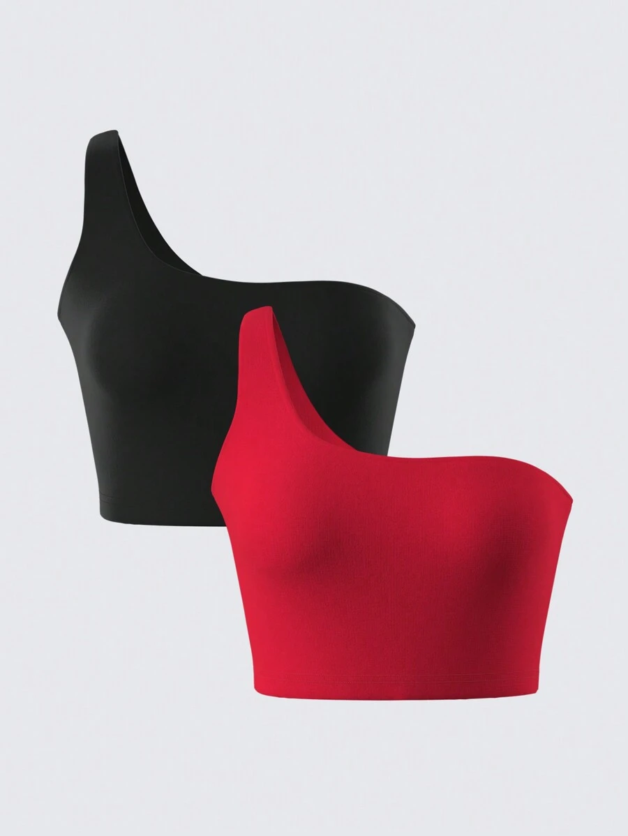 SHEIN BASICS 2pcs Casual Solid Color Knit One Shoulder Fitted Crop Top For Women - Multicolor - View 1