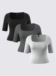 SHEIN BASICS 3pcs Casual Smart Casual Solid Color Crew Neck Short Sleeve Fitted Plus Size T-Shirt Summer Everyday Black Summer Tops - Multicolor - View 2