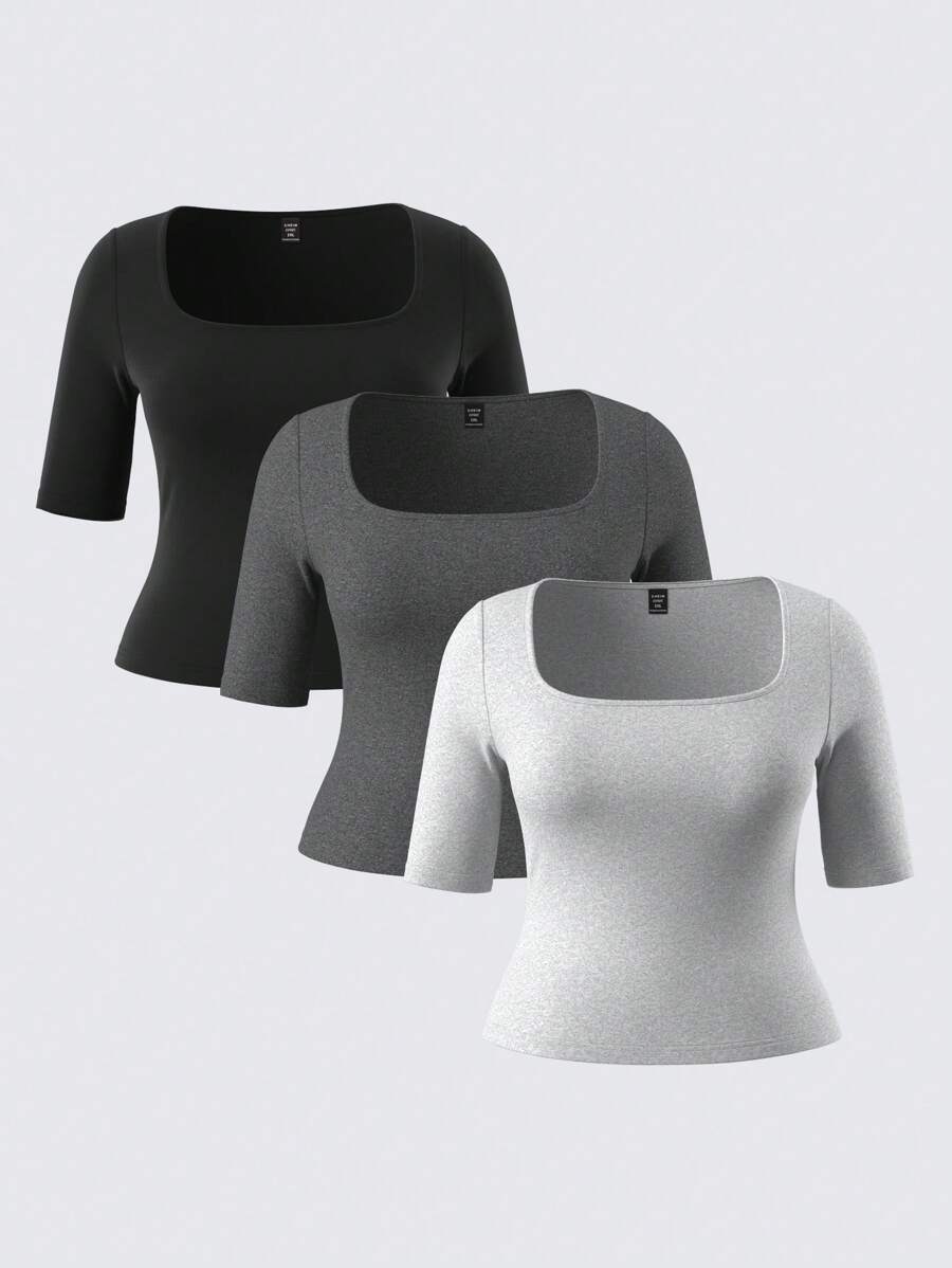 SHEIN BASICS 3pcs Casual Smart Casual Solid Color Crew Neck Short Sleeve Fitted Plus Size T-Shirt Summer Everyday Black Summer Tops