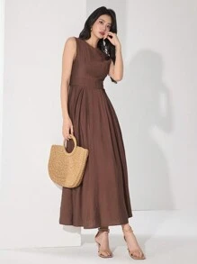 Heiryn 女士纯色圆领无袖休闲连衣裙 - 鏽棕色 - 查看 2