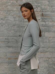 MUSERA Crew Neck Long Sleeve Popper Down Fastening Fitted TopVacation Spring Summer - Green - View 2