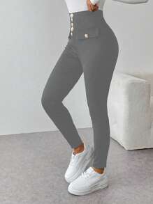 Chiquease Pantalones casuales sencillos y ajustados de unicolor con bolsillo y botones frontales para mujer