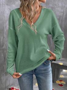 SHEIN LUNE Áo thun nữ tay dài cổ chữ V trễ vai màu trơn, thường ngày, mùa thu - màu xanh lá - Xem 4