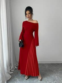 Elenzga Robe longue élégante pour femmes, en couleur unie, avec épaule oblique attrayante, taille froncée, volant asymétrique au bas, idéale pour les déplacements et les soirées - Rouge - Voir 5