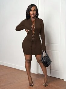 Slaydiva Sexy Hollow-Out Lace-Up Detail Mini Dress - Brown - View 6