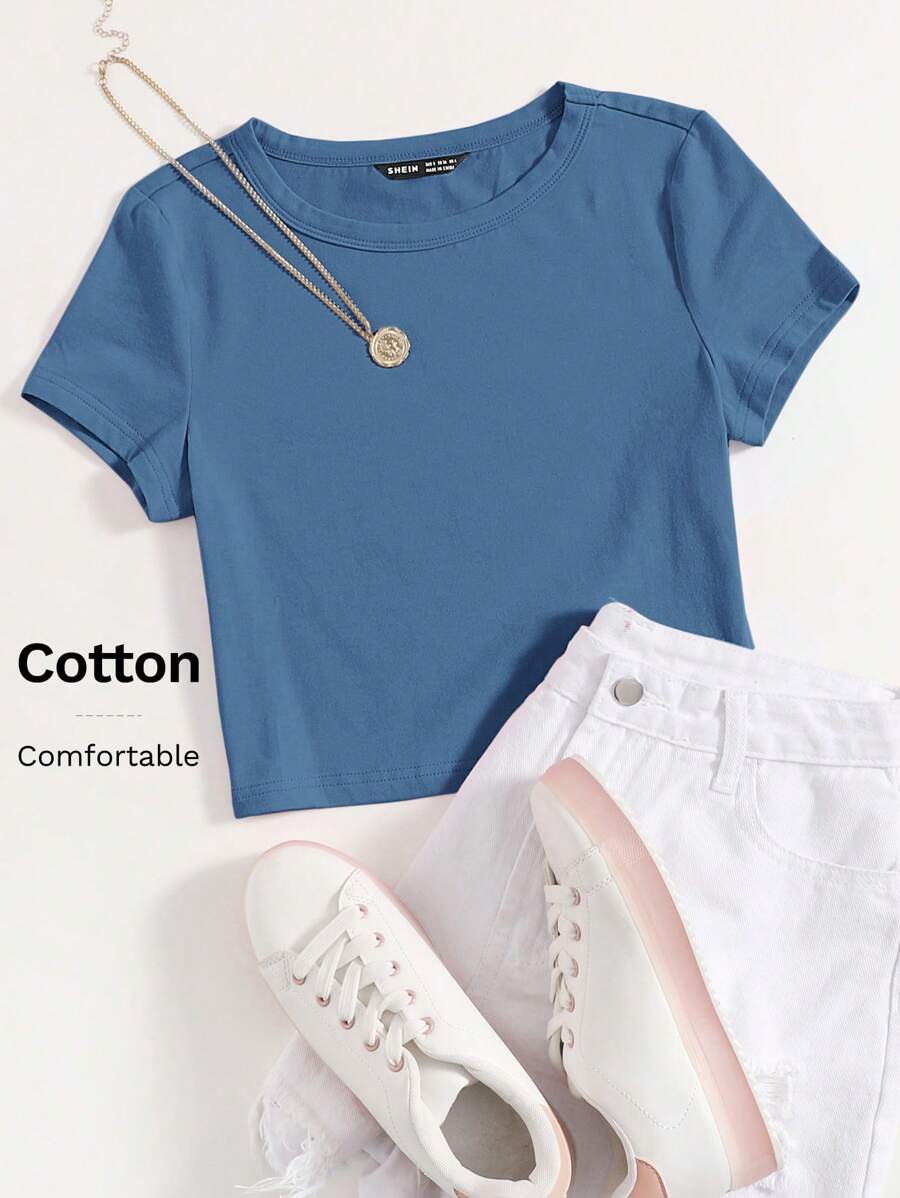 SHEIN EZwear Cap Sleeve Solid Crop Tee - Dusty Blue - View 1