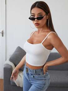 SHEIN EZwear Rib-knit Crop Cami Top - White - View 5