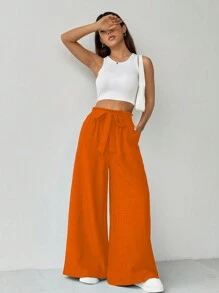 Chiquease Quần dài đơn giản buộc túi phía trước màu trơn cho nữ, mặc hàng ngày - trái cam - Xem 5