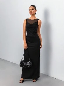 Chiquease 女士小立领无袖网眼垂坠领紧身衣搭配高腰鱼尾下摆长裙套装 - 黑色 - 查看 3