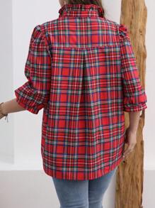 SHEIN LUNE 大码中长袖褶皱格纹印花休闲衬衫，日常穿着