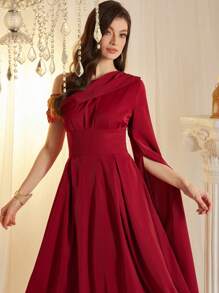 Modelyn Vestido de fiesta elegante y de lujo para mujer con mangas farol asimétricas - Rojo - Ver 3