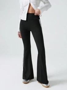 SHEIN EZwear High Waist Casual Striped Tape Side Flare Leg Pants - Black - View 4