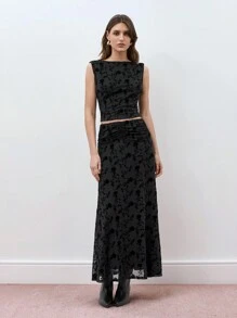 Maija 2 件套女士花朵植绒网眼系带露背上衣和迷你裙套装 90 年代服装节 - 黑色 - 查看 7