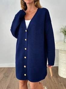 SHEIN Cottnline Navy Ribbed Button-Up Cardigan – Elegant And Timeless Layering Piece - Navy Blue - View 2