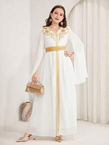 SHEIN Teen Girls Elegant Long Chiffon Dress With V-Neck, Flare Sleeves, Cinched Waist Belt, Slit, Luxurious & Glamorous, Suitable For Eid And National Day Festivals