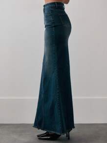 MUSERA High Rise Asymmetric Seam Detail Fishtail Fitted Denim Maxi Skirt Spring 90's Cute - Medium Wash - View 4