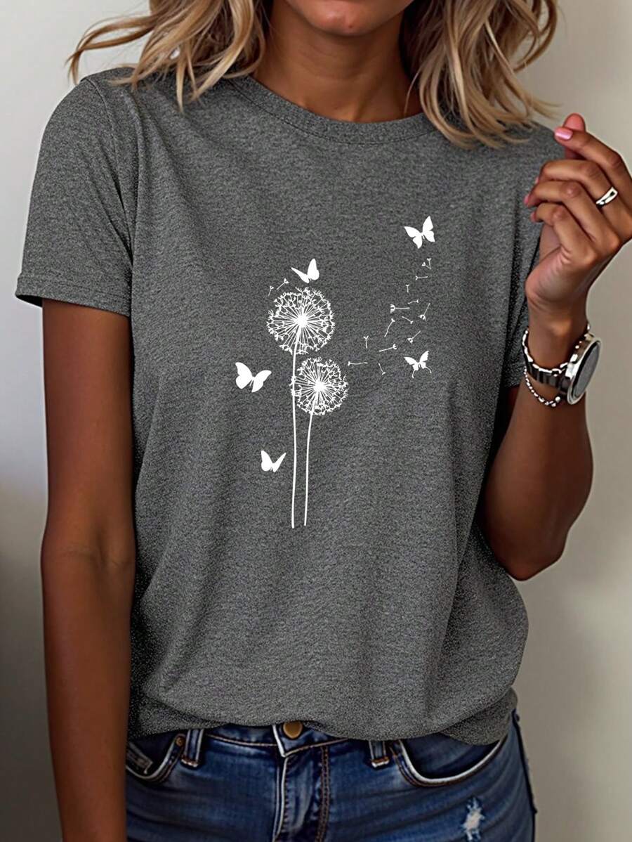 INAWLY Dandelion And Butterfly Pattern Round Neck Short Sleeve T-Shirt Leisure Graphic Tees Women Tops - Dark Grey - View 1