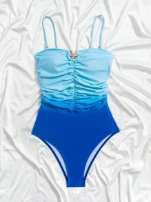 Swim Vcay Springbreak Women's Metal Buckle Ruched Solid Simple Strap Ombre Print One-Piece Swimsuit For Summer Beach Vacation - Blue - View 7