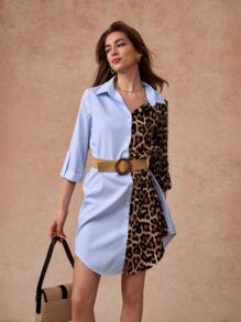 SHEIN Unity Women's Fashion Patchwork Long Sleeve Button Print Midi Dress - Blue - View 4