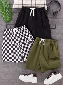 2pcs/Set Tween Boy Casual Conservative Classic Plaid/Solid Color Patch Pocket Loose Woven Shorts Outfit, 3 Designs, Suitable For School, Garden, Beach, Birthday, Spring/Summer/Autumn/Winter