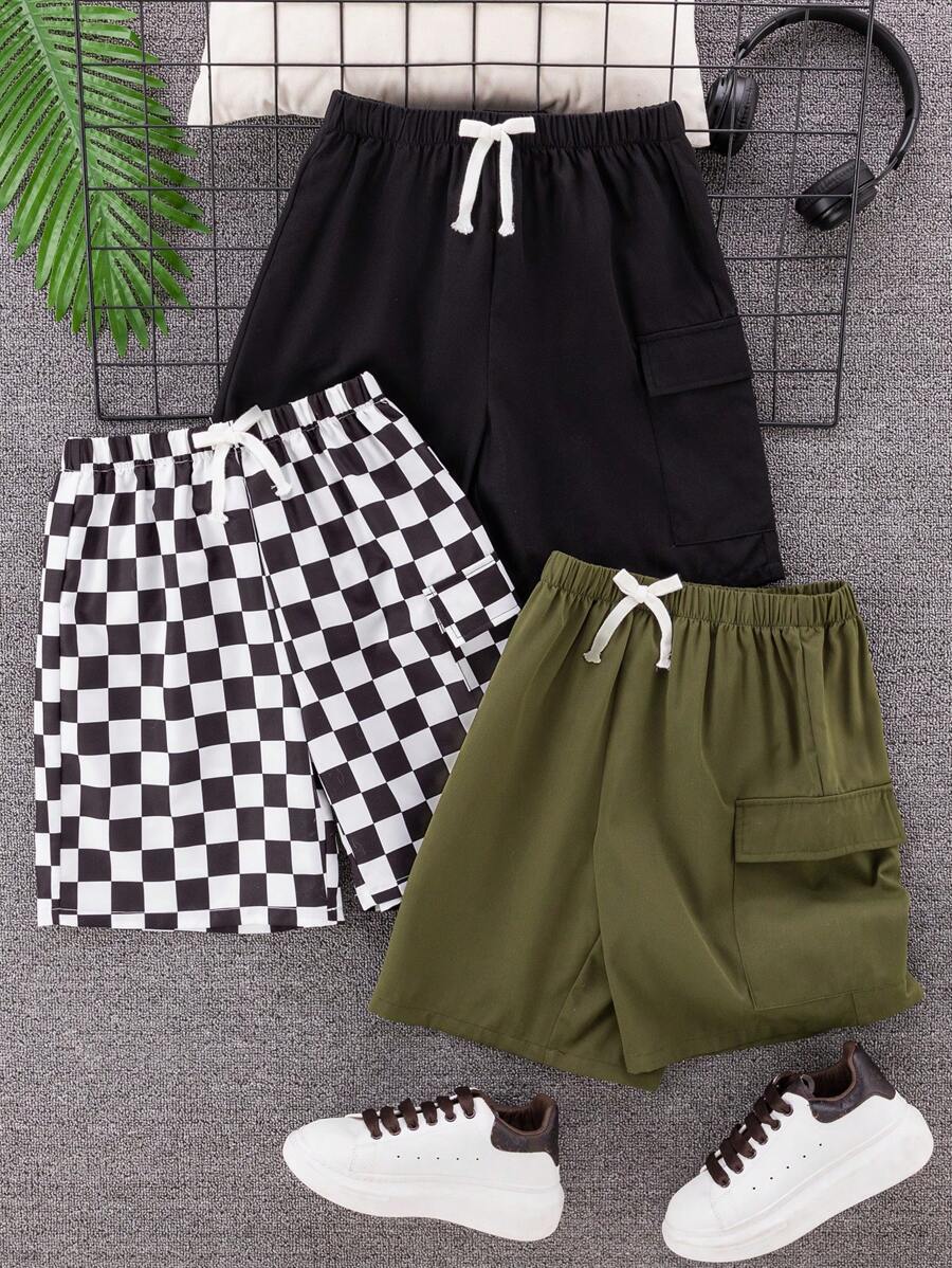 2pcs/Set Tween Boy Casual Conservative Classic Plaid/Solid Color Patch Pocket Loose Woven Shorts Outfit, 3 Designs, Suitable For School, Garden, Beach, Birthday, Spring/Summer/Autumn/Winter