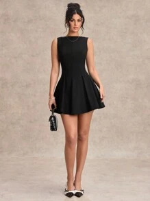 SHEIN BAE Váy chữ A ôm sát cổ tròn gợi cảm tối giản không tay màu đen trơn, váy đen, váy dạ hội, váy phù dâu mini, váy đen nhỏ thanh lịch, xuân/hè - màu đen - Xem 3