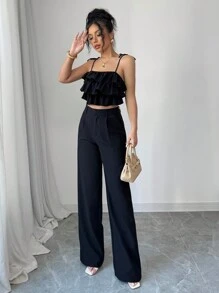 Modelyn 2 stuks/set dames geplooide camisole top en wijde pijpen broek