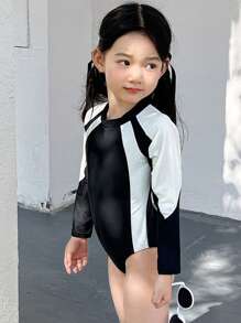 DAZY 1pc Young Girl Girls' One-Piece Swimsuit, Autumn Vacation - Black and White - View 6