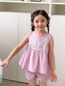 DAZY Girls Embroidered Flowers Round Neck Sleeveless Top And Shorts Set, Simple Style,Girls Summer Outfits - Pink - View 6
