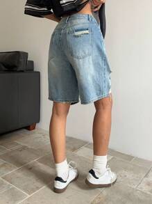 SHEIN ICON 女士牛仔百慕大短裤，休闲破洞工装百慕大短裤，蓝色，夏季服装，女士春季服装，女士沙滩装，女士早午餐装，女士牛仔装 Y2k 女士服装 - 藍色 - 查看 2