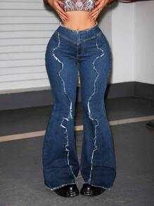 SHEIN ICON Women's Casual Extra Long Denim Flare Jeans With Distressed Ripped Detailing And Zipper Closure - Blue - View 5