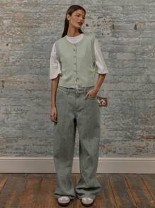 MUSERA Knit Button Up Ribbed Hem Boxy Fit Crew Neck Vest Christmas Winter Elegant Party Evening