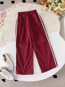 Girls Casual Sports Fashion Simple Elastic Waist Loose Wide Leg Pants, Embroidered Floral Trim, Girls Leisure Sports Trousers, Cargo Pants - Burgundy - View 2