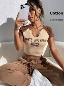 SHEIN EZwear 西部口号图案双色缺口领短款 T 恤北拉斯维加斯内华达州美国 - 杏色 - 查看 6