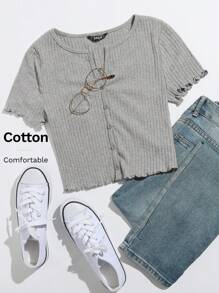 SHEIN EZwear 紐扣生菜邊短版上衣 - 灰色 - 查看 6