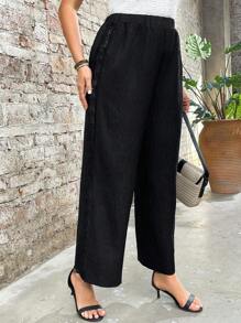 SHEIN LUNE Plus Size Solid Color Lace Patchwork Casual Loose Pants, Everyday Wear