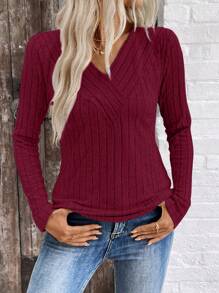 EMERY ROSE LUNE V-Neck Brushed Ribbed Women Top, New Cross-Border Trading Autumn/Winter Collection Fall Cloth For Women - Burgundy - View 7