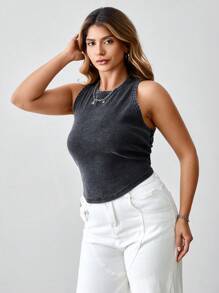 SHEIN BASICS Camiseta de punto de talla grande para mujer de unicolor, ajustada y sin mangas - Negro - Ver 3
