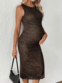 SHEIN Maternity Simple Leopard Print Sleeveless Crew Neck Split Hem Bodycon Dress - Brown - View 6