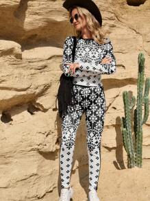 LanaWest 2pcs Women Casual Geometric Print Long Sleeve Top And Pants Set Fall Cloth For Women - Black and White - View 4