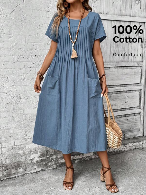 EMERY ROSE Solid Pocket Patched Pleated Detail Smock Dress Teacher Clothes,Summer Dresses
Spring Clothes