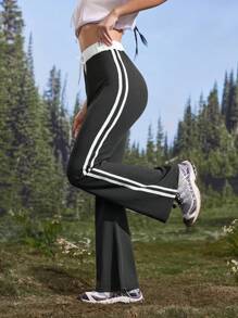 SHEIN Sports Women Plain Color Patchwork Front Tie Waist Casual Long Pants, Everyday Wear - Black - View 5