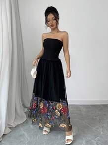 SHEIN Unity 女士花卉刺绣抹胸长裙，休闲简约 - 黑色 - 查看 3