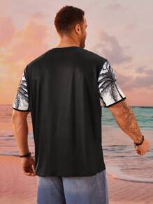 EASEVO Plus Size Men's Loose Street Style Coconut Tree Print Black T-Shirt, Summer - Multicolor - View 5