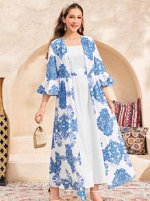 SHEIN Leap Crew Teen Girls' Blue & White Floral Print Kimono Style Ruffle Sleeve Long Cardigan, Long Dress, A-Line Maxi Dress, 2-Piece Set, Casual Holiday Vacation Outfit - Blue and White - View 4