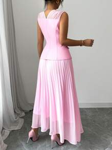 Rafferiza 2 件套女士简约前扣无袖上衣和裙子套装 - 淺粉色 - 查看 2