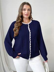 Celure Plus Size Women Solid Color Lace Loose Cardigan, Casual Autumn & Winter