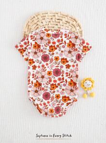Cozy Pixies Baby Girl Soft Knitted Floral Print Short Sleeve Bodysuit