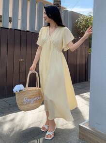 DAZY 女士宽松V领短袖长款连衣裙夏季吊带裙，休闲女式连衣裙长款连衣裙 - 米色 - 查看 7